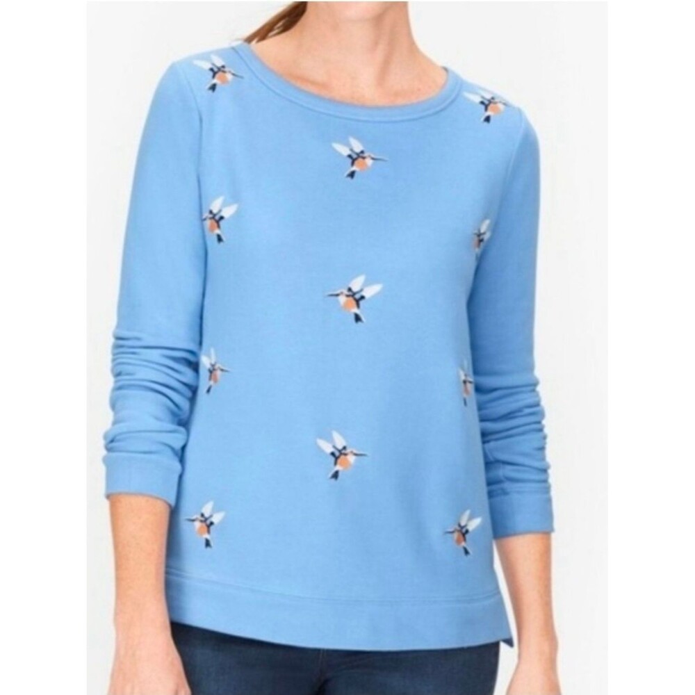 Talbots French Terry Blue Tweeting Birds Embroidered Hummingbird Sweatshirt 1X